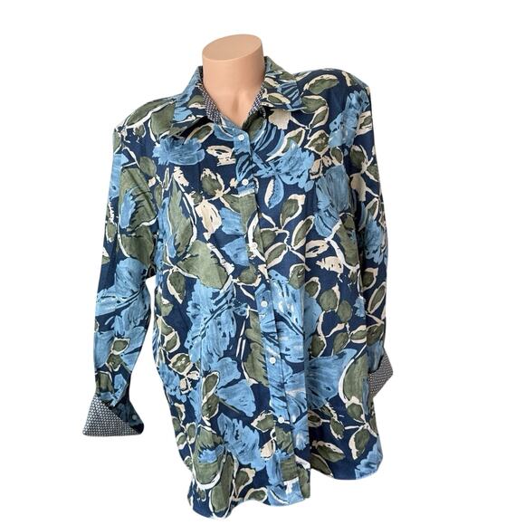 Chaps Shirt Blouse Shirt Tropical Coastal Palm Leaf Print Plus 2X Contras Cuff - Picture 8 of 8
